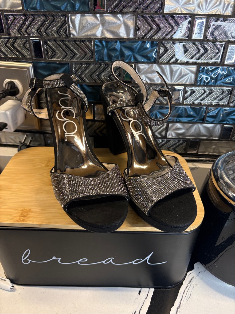 Sugar Black Glitter Block Heel Sandals